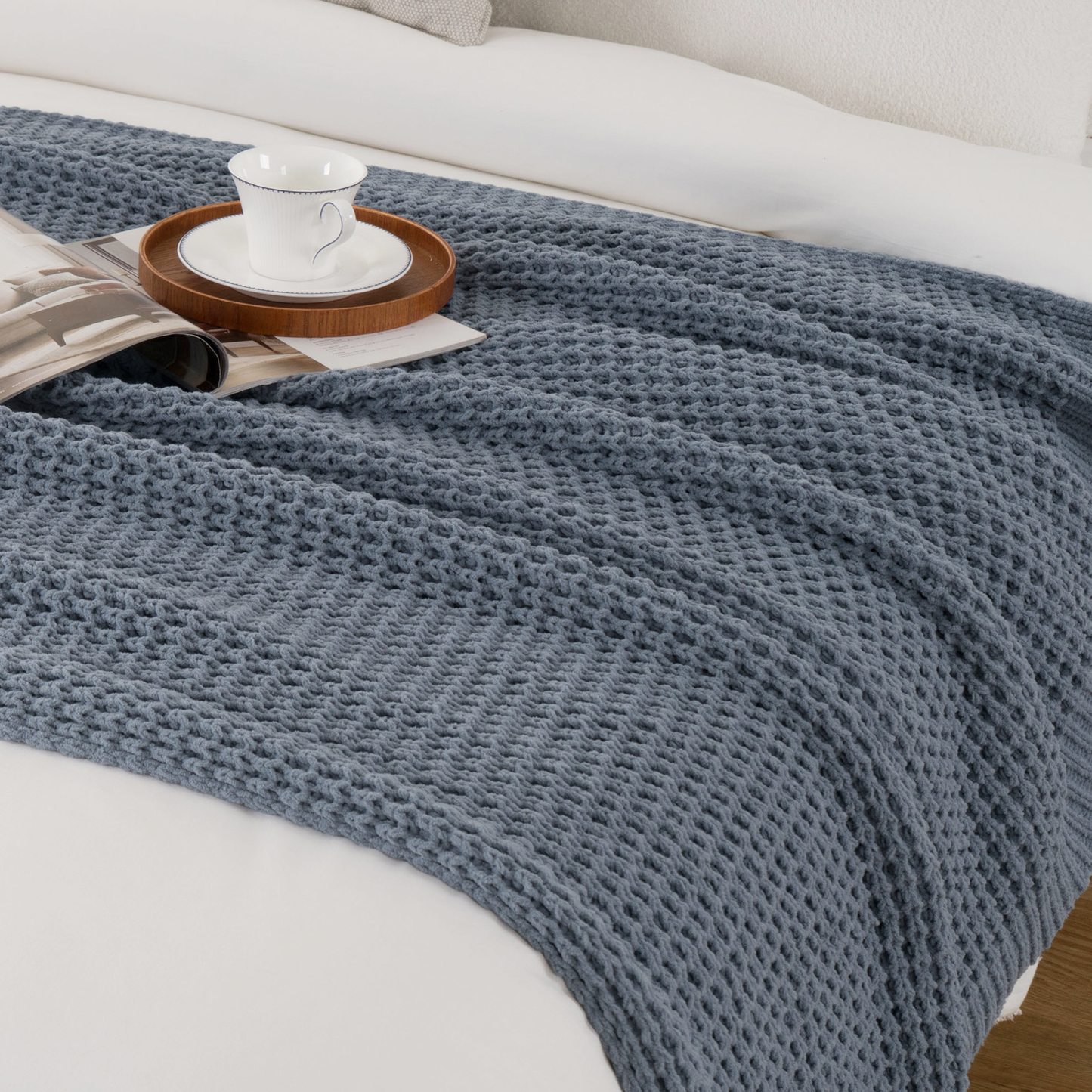 Knit Throw Blanket-Bluish Grey