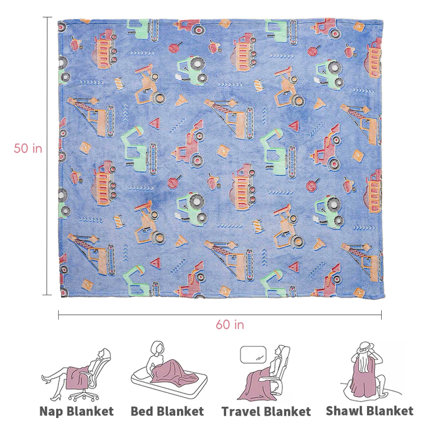 Glow in The Dark Kids Blankets-ConstructionVehicle