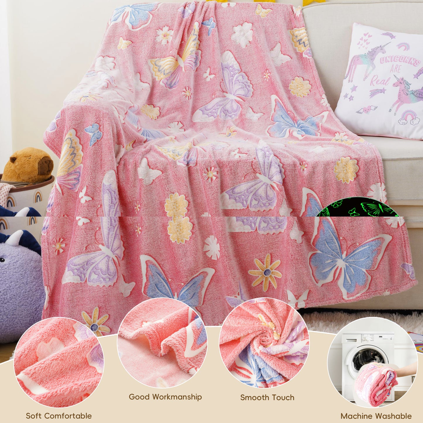 Glow in The Dark Kids Blankets-PinkButterfly