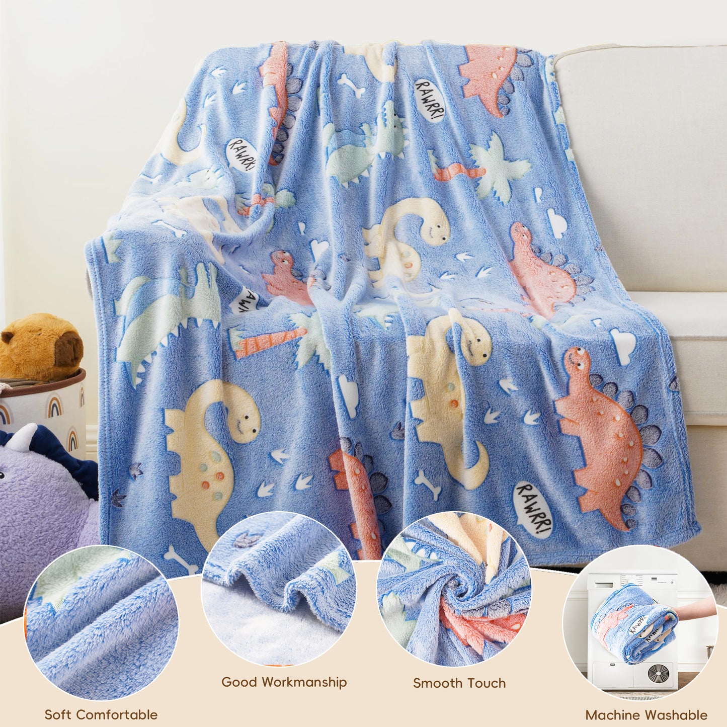 Glow in The Dark Kids Blankets-Dinosaur