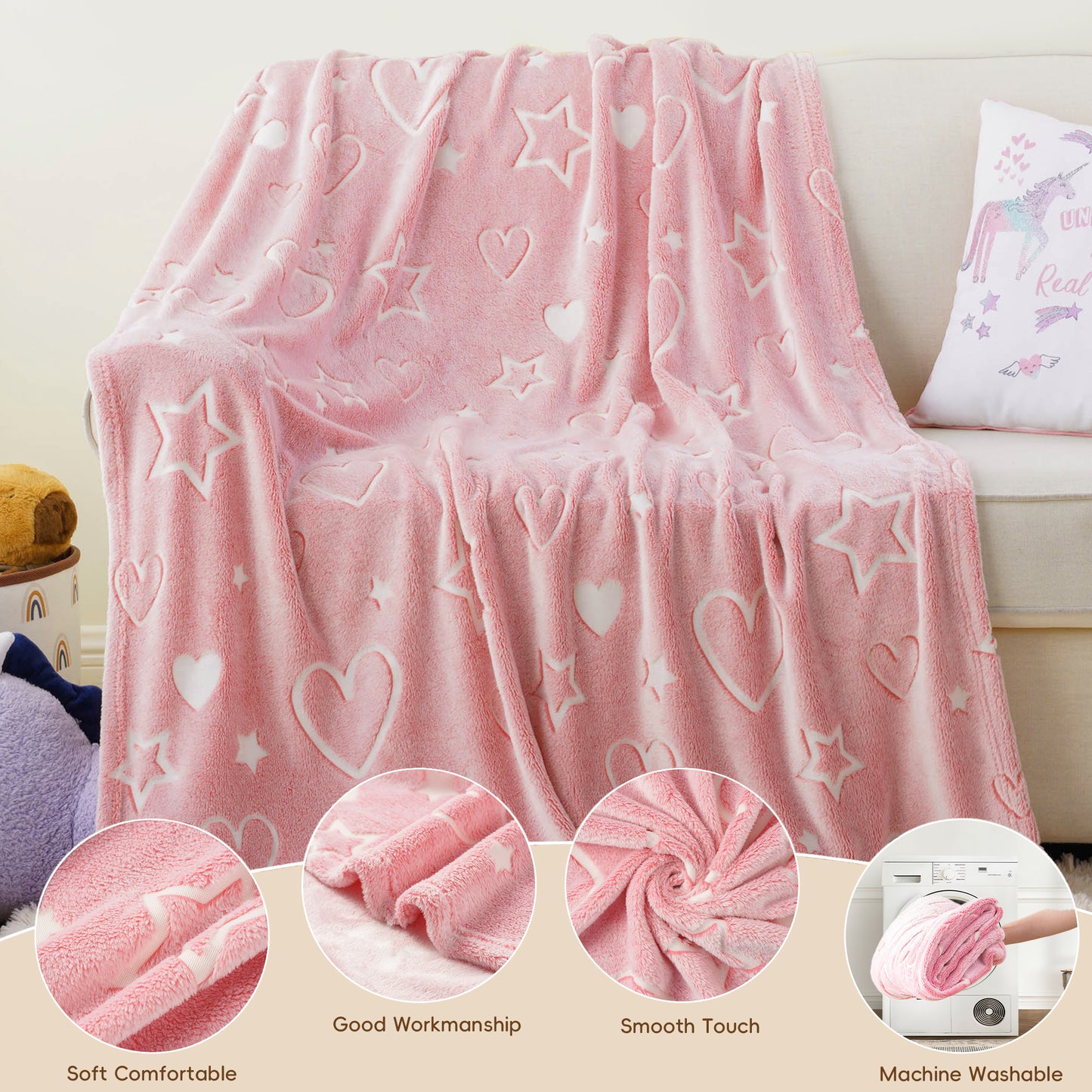 Glow in The Dark Kids Blankets-PinkHeart