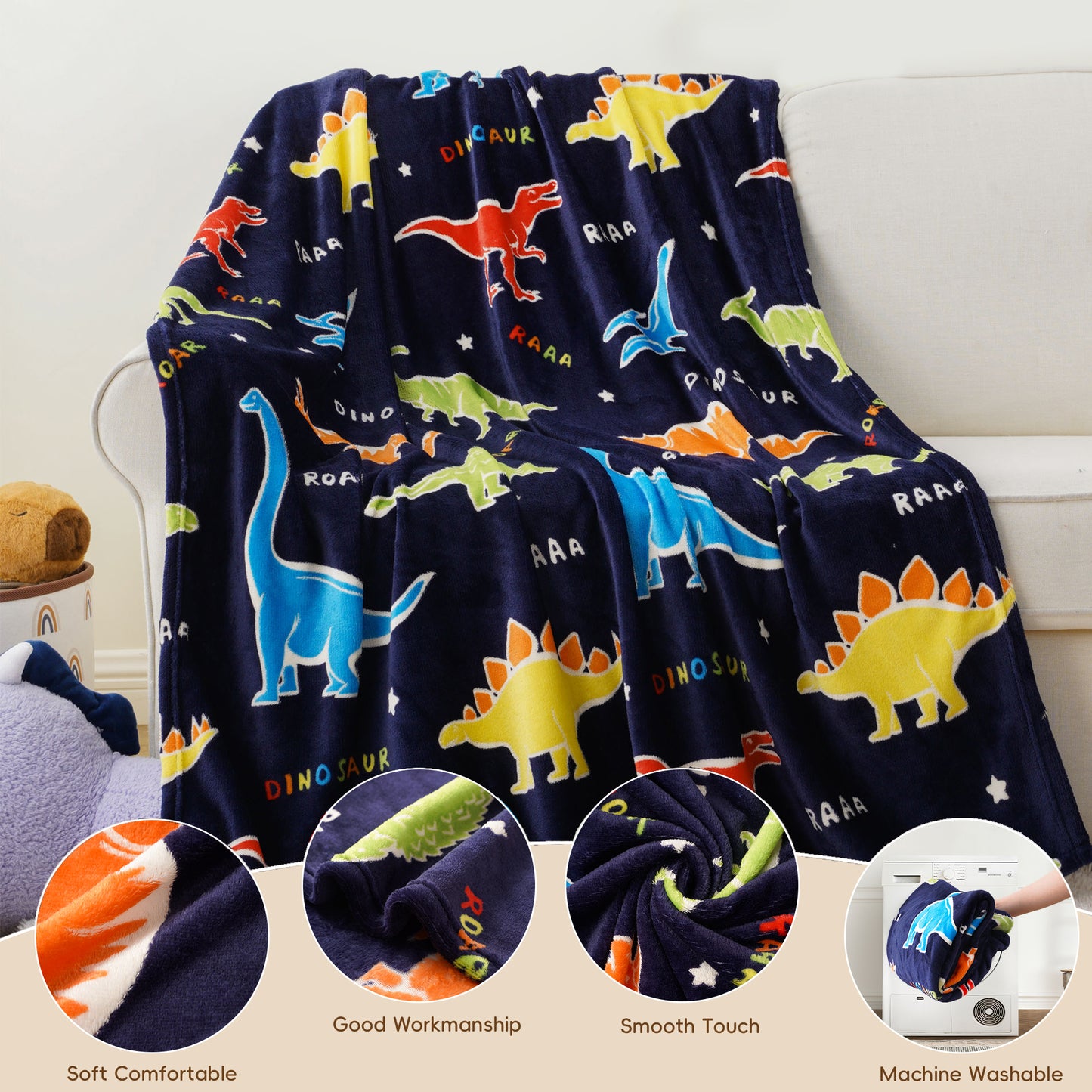 Glow in The Dark Kids Blankets-BlueDinosaur