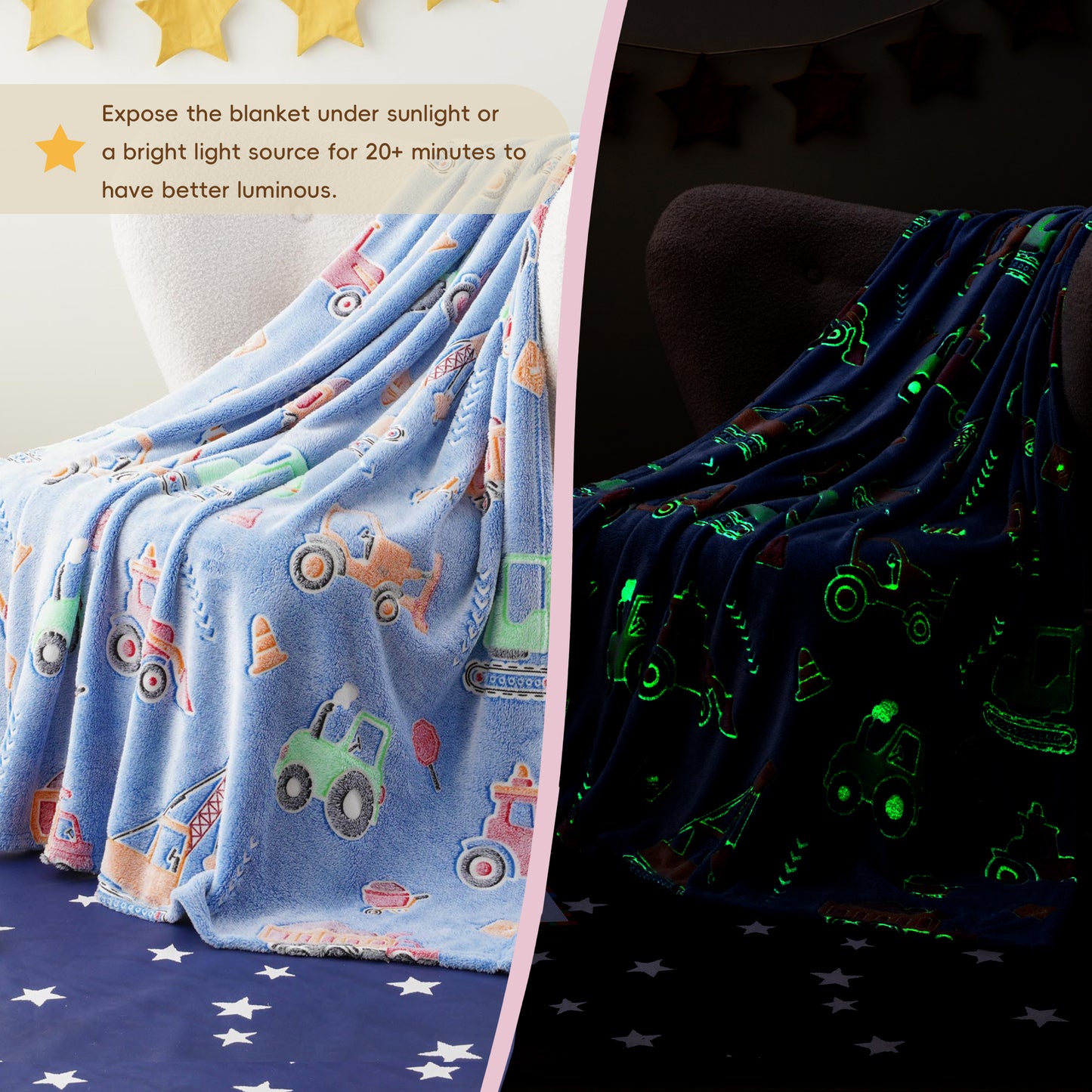 Glow in The Dark Kids Blankets-ConstructionVehicle