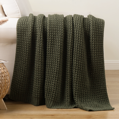 Knit Throw Blanket-Olive Green