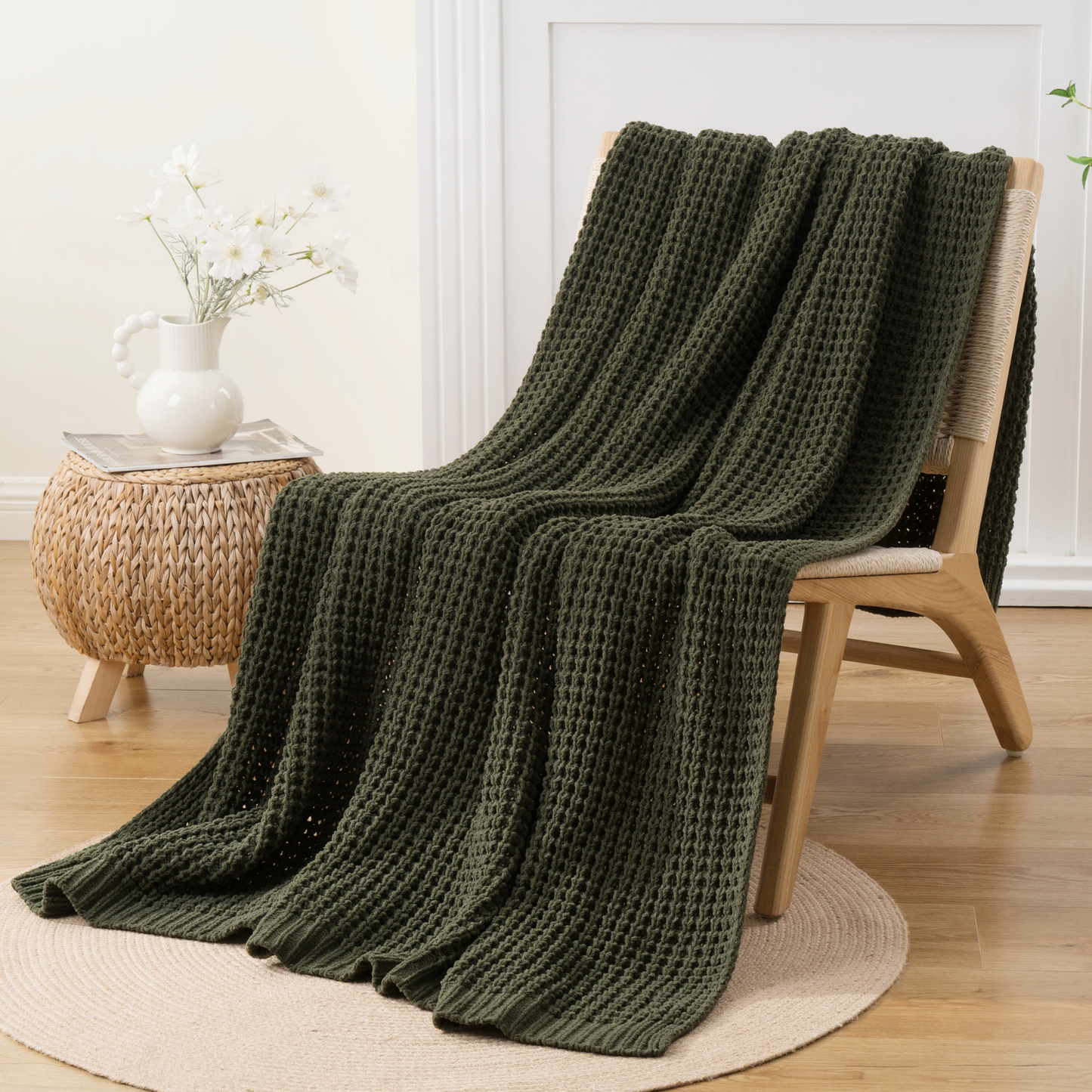 Knit Throw Blanket-Olive Green